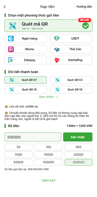 Hướng dẫn nạp tiền cá cược OK9